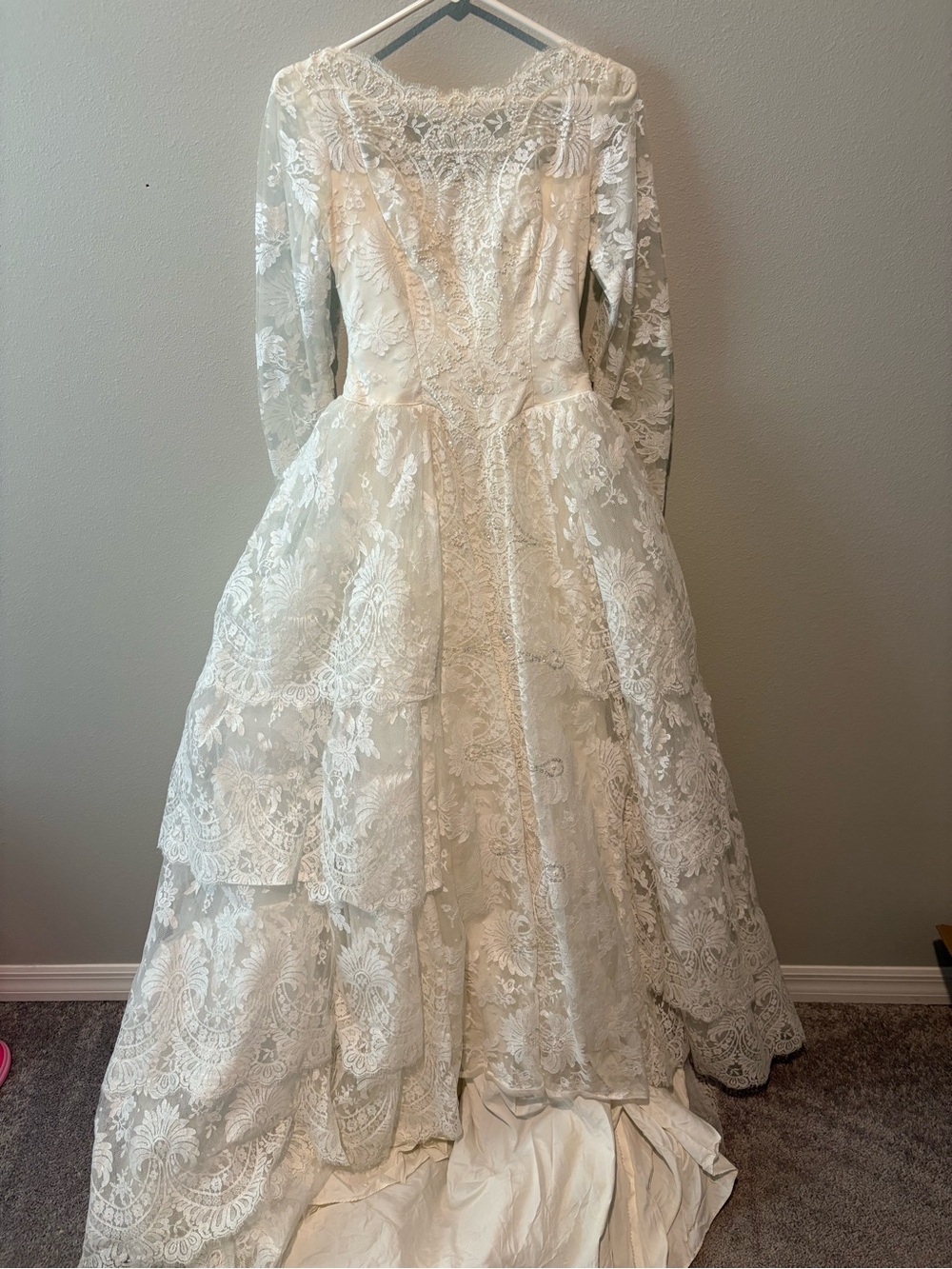 Vintage 1960s Lace Long-Sleeve Wedding Dress with Tiered Skirt